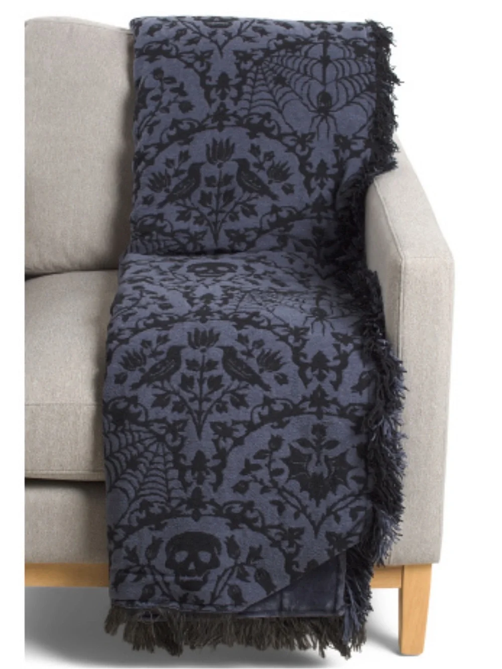 Black Skulls Halloween Jacquard Fringe Throw Blanket